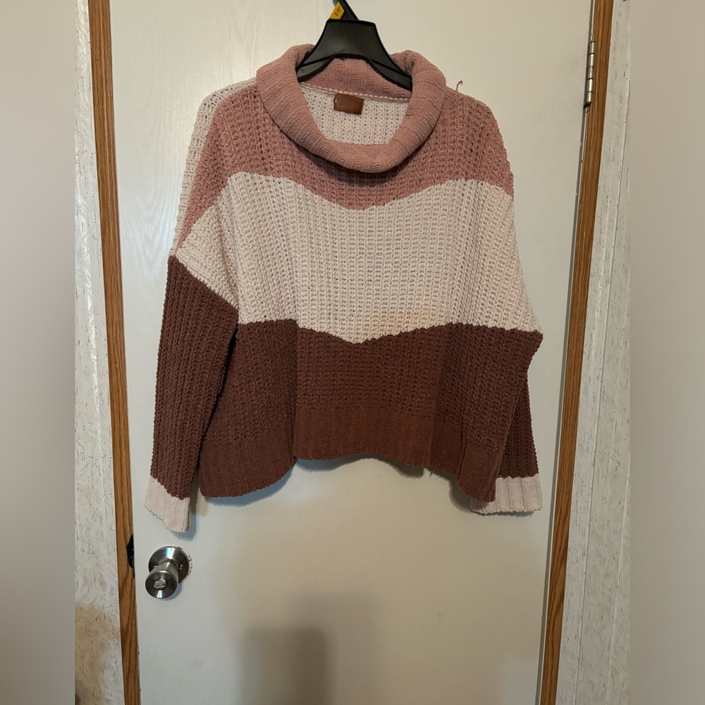 POL Pink and Brown Cowl Neck Sweater
